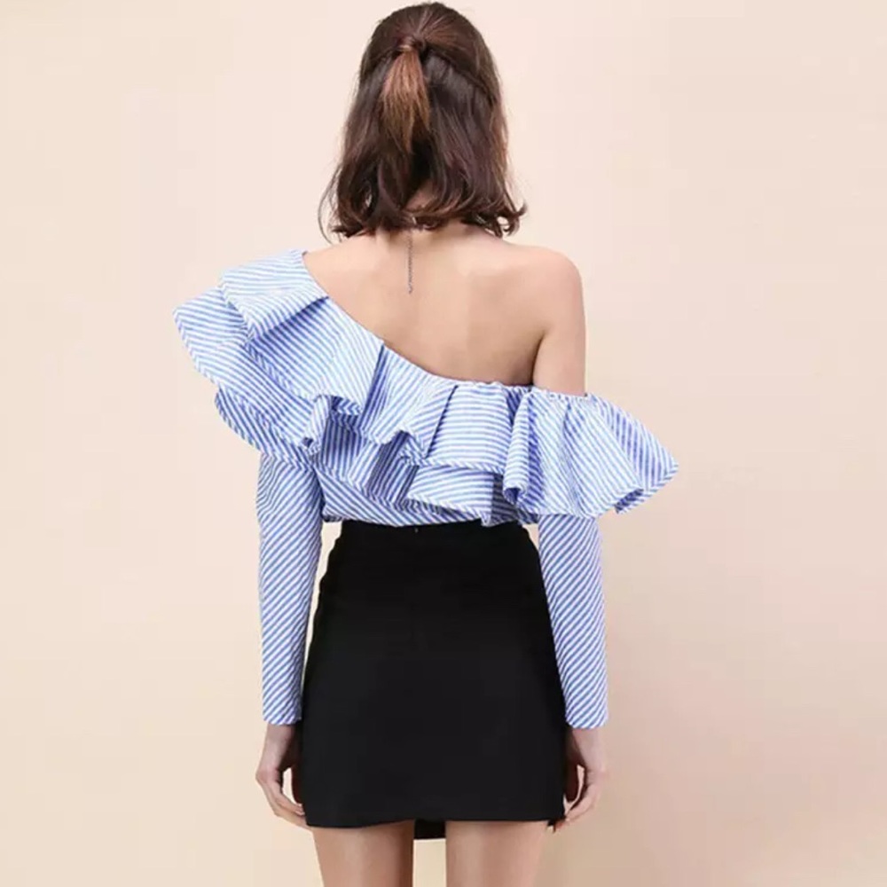 One Left! One Shoulder Striped Blue Ruffle Top - Picture 5 of 8